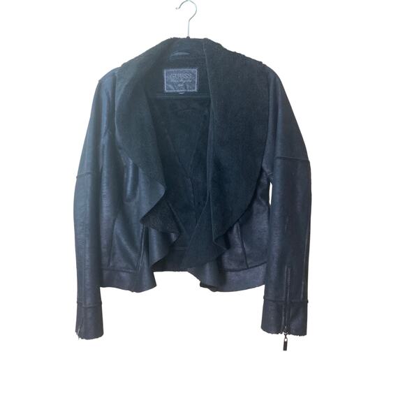 GUESS 1981 Faux Leather Jacket Roll Faux Fur Collar &Lining Black Size M - Picture 2 of 12